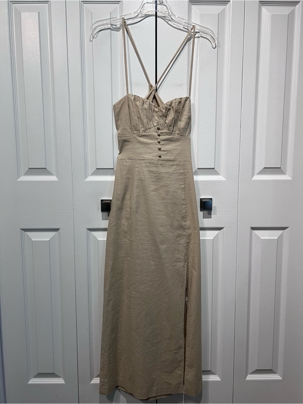 Zara Linen Blend Spaghetti Strap Adjustable Back Tie Maxi Dress in Sand Size S